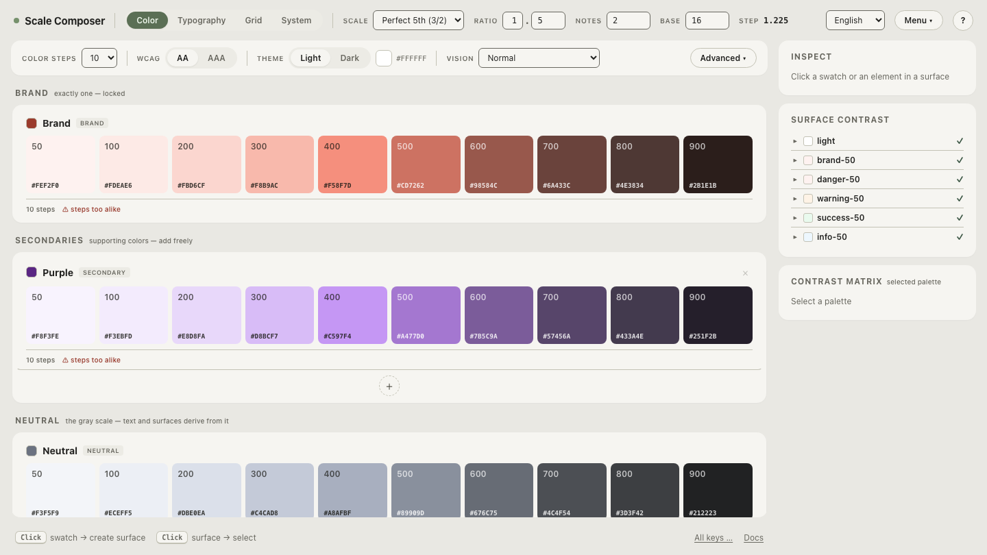 A brand accent in Scale Composer showing a descriptive color name next to its hex value — the name + hex pair used for AI image prompting