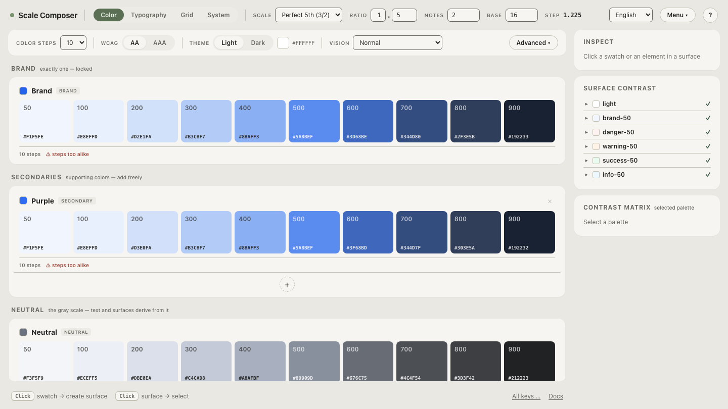 Five audited brand-blue values lined up against the ramp generated from the canonical seed in Scale Composer