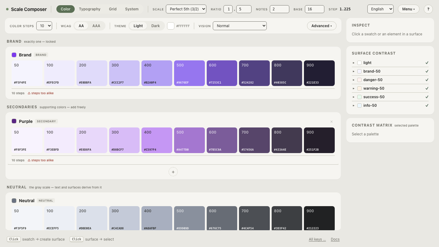 A candidate brand color expanded into a full ramp and semantic roles in Scale Composer, with contrast pass and fail results for its text pairings