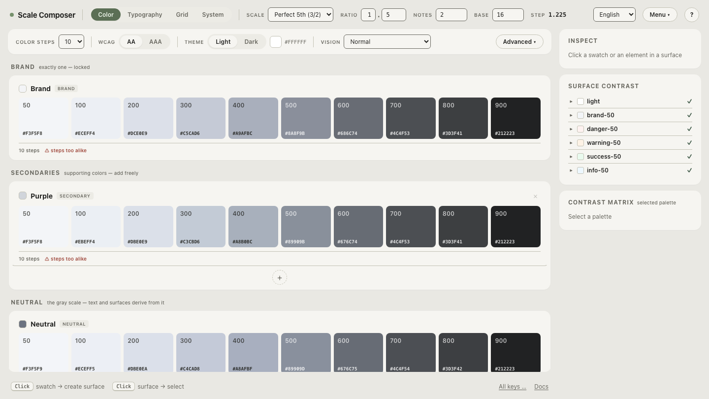 An input field's border, focus ring, placeholder and icon roles in Scale Composer, each with its computed contrast ratio checked against the applicable floor