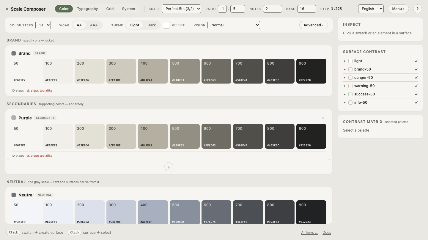 Five color pairings in Scale Composer showing WCAG ratios next to APCA Lc values, with the dark-background rows diverging sharply between the models