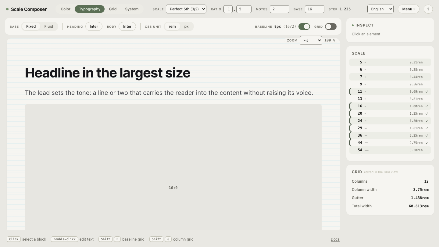 A heading font candidate paired with a body font in Scale Composer's type view, shown as real specimen text at system sizes