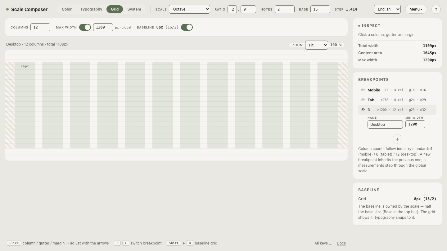 The grid view at the desktop breakpoint: 12 columns in a 1200px container with 23px gutters and 32px margins taken from the spacing scale