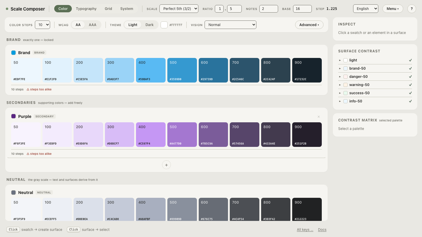 A ten-step neutral scale in Scale Composer with derived semantic roles — background, card, borders, secondary and body text — each carrying its contrast check
