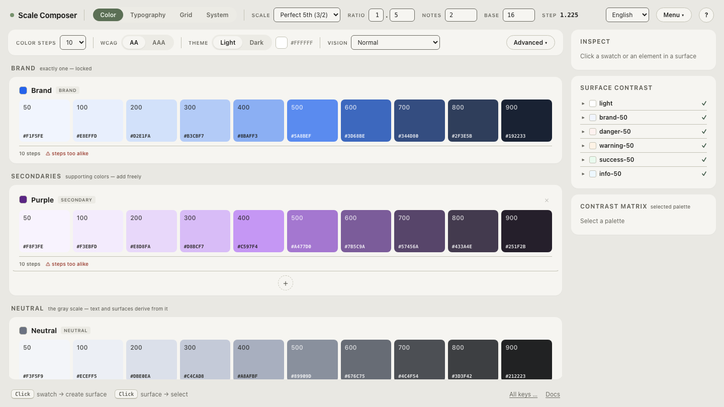 A brand-colored button fill in Scale Composer with its derived on-color text role and the contrast ratio between them displayed