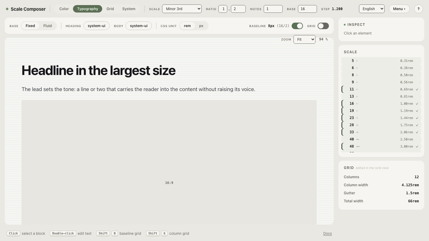 A flattened mobile type scale at base 16px and ratio 1.2, running from a 13px caption to a 33px h1
