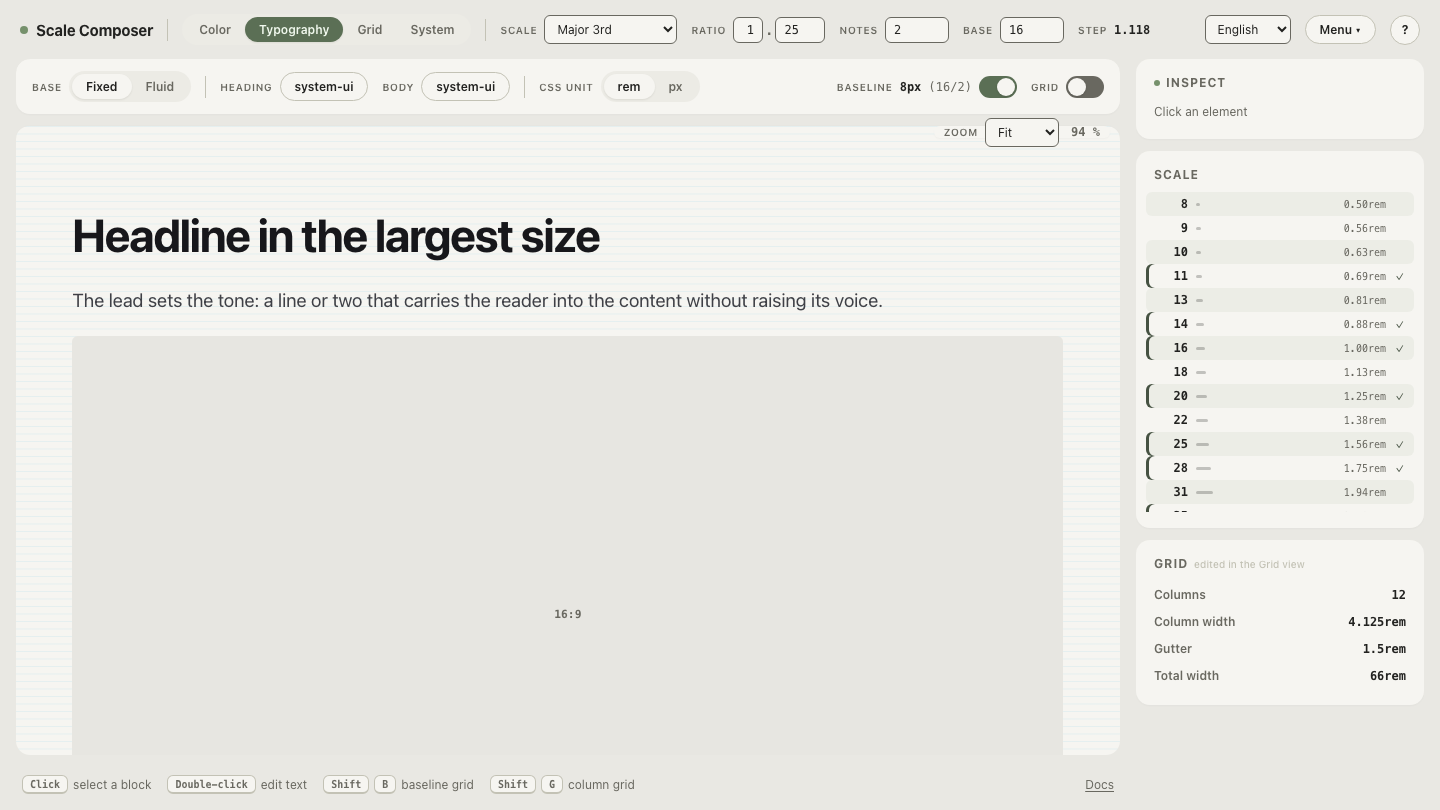 A modular type scale at ratio 1.25 and a 16px base, showing five closely spaced levels from body text to a 39px heading
